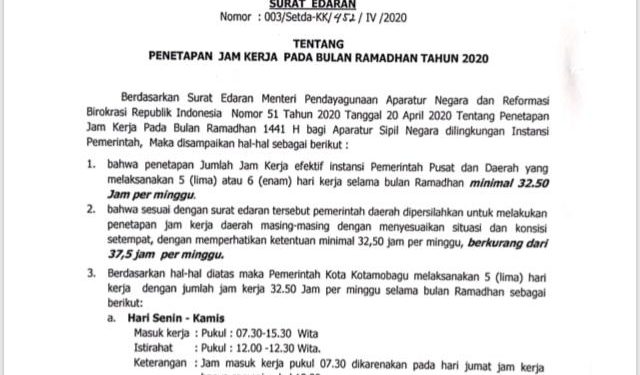 Ramadhan, Jam Kerja ASN Pemkot Kotamobagu Berkurang 5 Jam