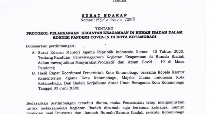 Wali Kota Keluarkan Surat Edaran Tentang Protokol Pelaksanaan Kegiatan Keagamaan di Rumah Ibadah