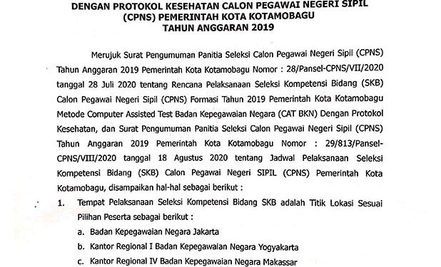 Ini 12 Lokasi SKB CPNS Kotamobagu Sesuai Pilihan Peserta