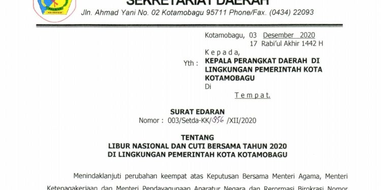 Pemkot Keluarkan Edaran Terkait Libur dan Cuti Bersama