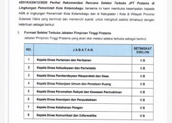 Pemkot Kotamobagu Lelang 8 Jabatan Kepala Dinas, Ini Rincian Formasi dan Persyaratannya