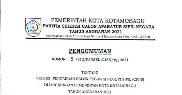 Pemkot Kotamobagu Rekrut 330 CPNS, ini Rincian Formasinya