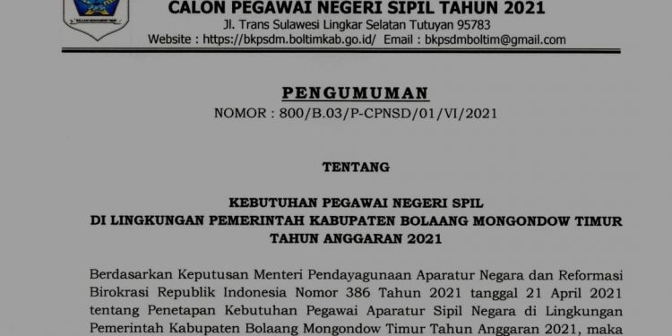 Pengumuman Rekrtumen CPNS dan PPPK Pemkab Boltim Tahun 2021; Ini Persyaratan, Jadwal Seleksi dan Rincian Formasinya