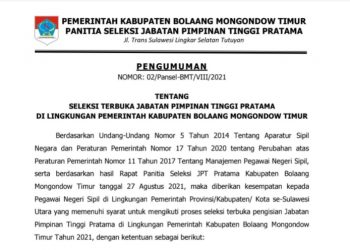 Ini Pengumuman dan Persyaratan Seleksi Terbuka JPT Pratama di Lingkungan Pemkab Boltim