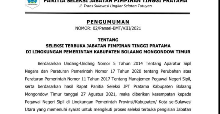 Ini Pengumuman dan Persyaratan Seleksi Terbuka JPT Pratama di Lingkungan Pemkab Boltim