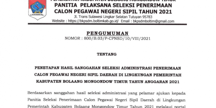 Simak, Ini Hasil Sanggahan Seleksi Administrasi CPNS Boltim