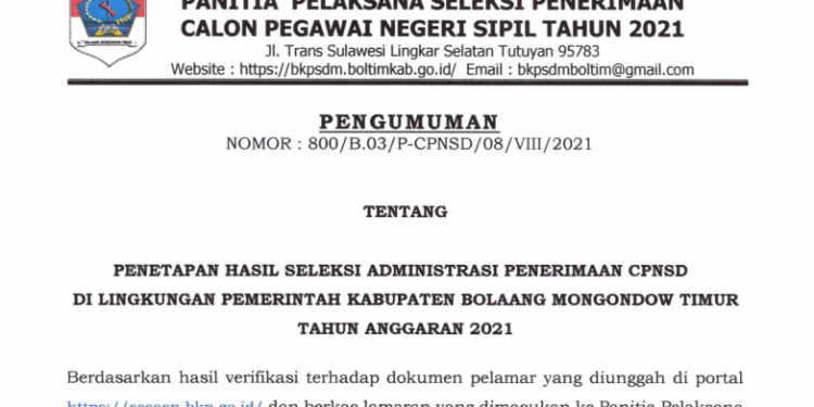 Hasil Seleksi Administrasi CPNS Boltim; 2.309 Pelamar MS, 700 Pelamar TMS