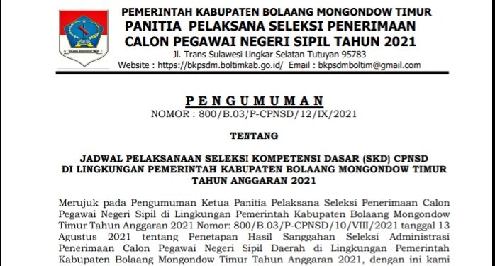 Pelamar Wajib Baca, Ini Jadwal dan Pembagian Sesi Ujian SKD CPNS Boltim