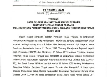 Ini Nama-nama Pejabat Boltim yang Memenuhi Syarat Administrasi Selter JPT Pratama
