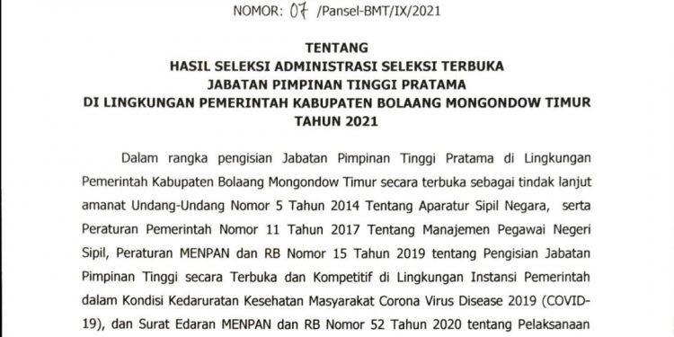 Ini Nama-nama Pejabat Boltim yang Memenuhi Syarat Administrasi Selter JPT Pratama