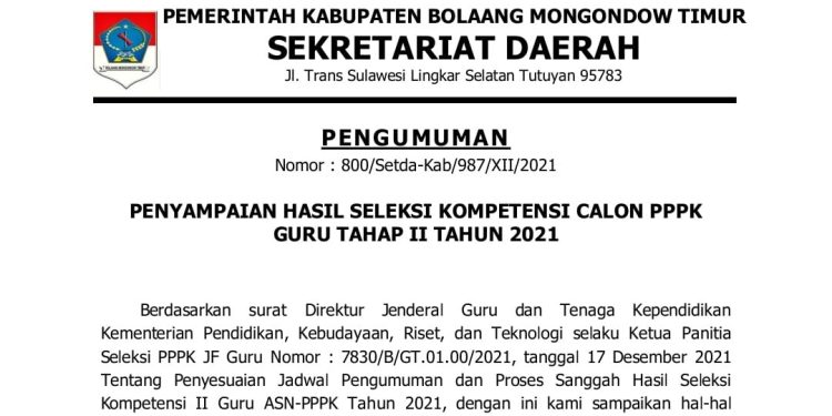 Ini Hasil Seleksi PPPK Guru Tahap II di Boltim