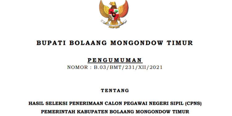 Ini Pengumuman Hasil Seleksi Penerimaan CPNS Boltim 2021