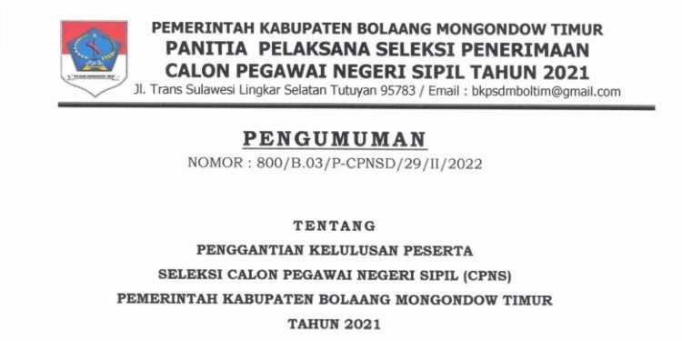 Pansel Umumkan Pengganti CPNS Boltim yang Meninggal Dunia