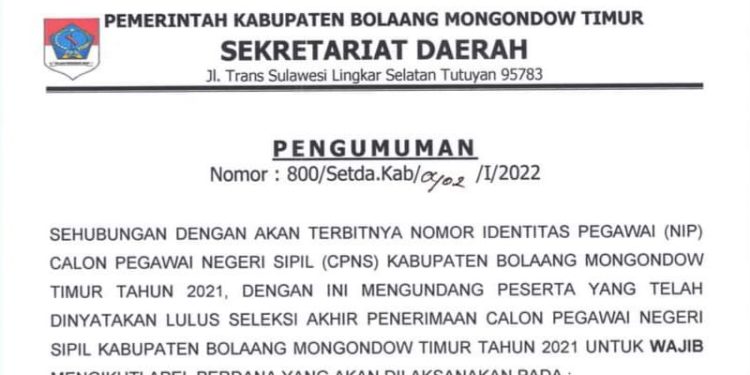 7 Februari, Peserta CPNS Boltim 2021 Wajib Apel Perdana