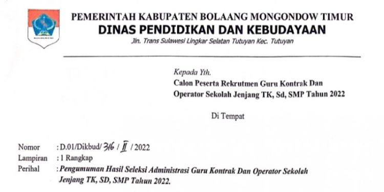 Ini Nama-Nama Calon Guru Kontrak dan Operator Sekolah di Boltim yang Lulus Seleksi Administrasi