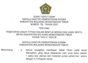 Ini Besaran Zakat Fitrah di Kabupaten Boltim Tahun 2022
