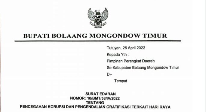 Bupati Boltim Keluarkan Surat Edaran Tentang Pencegahan Korupsi dan Pengendalian Gratifikasi