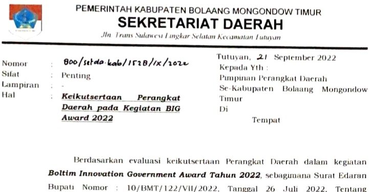 Pemkab Boltim Wajibkan setiap Perangkat Daerah Ciptakan Inovasi pada BIG Award 2022