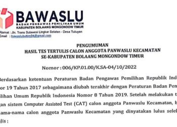Bawaslu Boltim Umumkan Hasil Tes Tertulis Panwascam, ini Nama-namanya