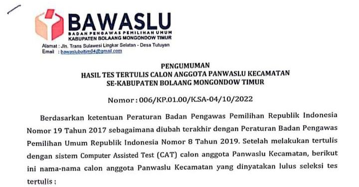 Bawaslu Boltim Umumkan Hasil Tes Tertulis Panwascam, ini Nama-namanya