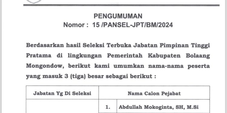 Tahapan Seleksi JPTP Sekda Bolmong Digelar Transparan. Ini Nama-nama Masuk Tiga Besar
