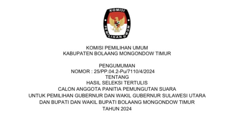 KPU Boltim Resmi Umumkan Hasil Tes Tertulis Calon PPS Pilkada 2024