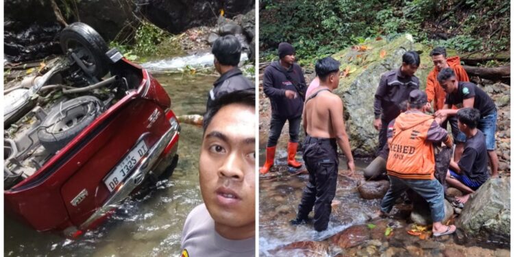 Mobil Minibus Daihatsu Sigra Masuk Jurang, Personil Polres Bolsel Bantu Evakuasi 